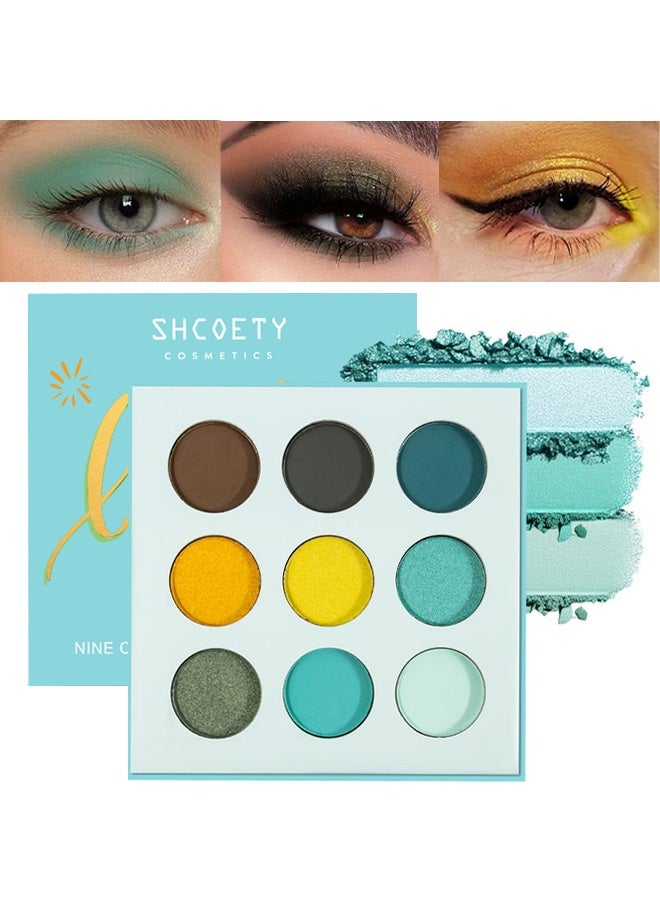 SHCOETY Nine Color Eyeshadow Palette, 9 Colors Green Eyeshadow Gemstone Shadow Palette Highly Pigmented Mattes Shimmers Smokey Glitter Cream Colorful Powder Long Lasting Waterproof Makeup Palette - Image 1